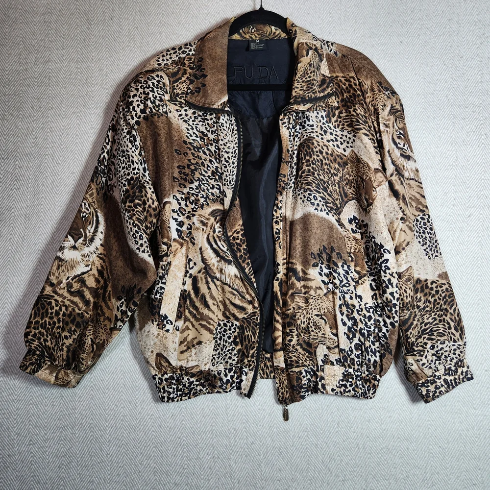 Vintage Fuda International Tiger Print 100% Silk Jacket Brown Tan Black - Picture 6 of 11